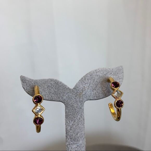 Avon Vintage gold hoop earrings with amethyst & clear rhinestones - Picture 9 of 12